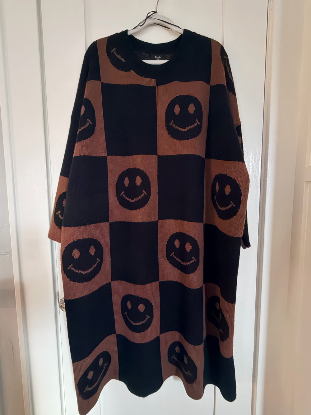 LALA Original Brown Black Checkerboard Smiley Face Oversized Knit Sweater Dress